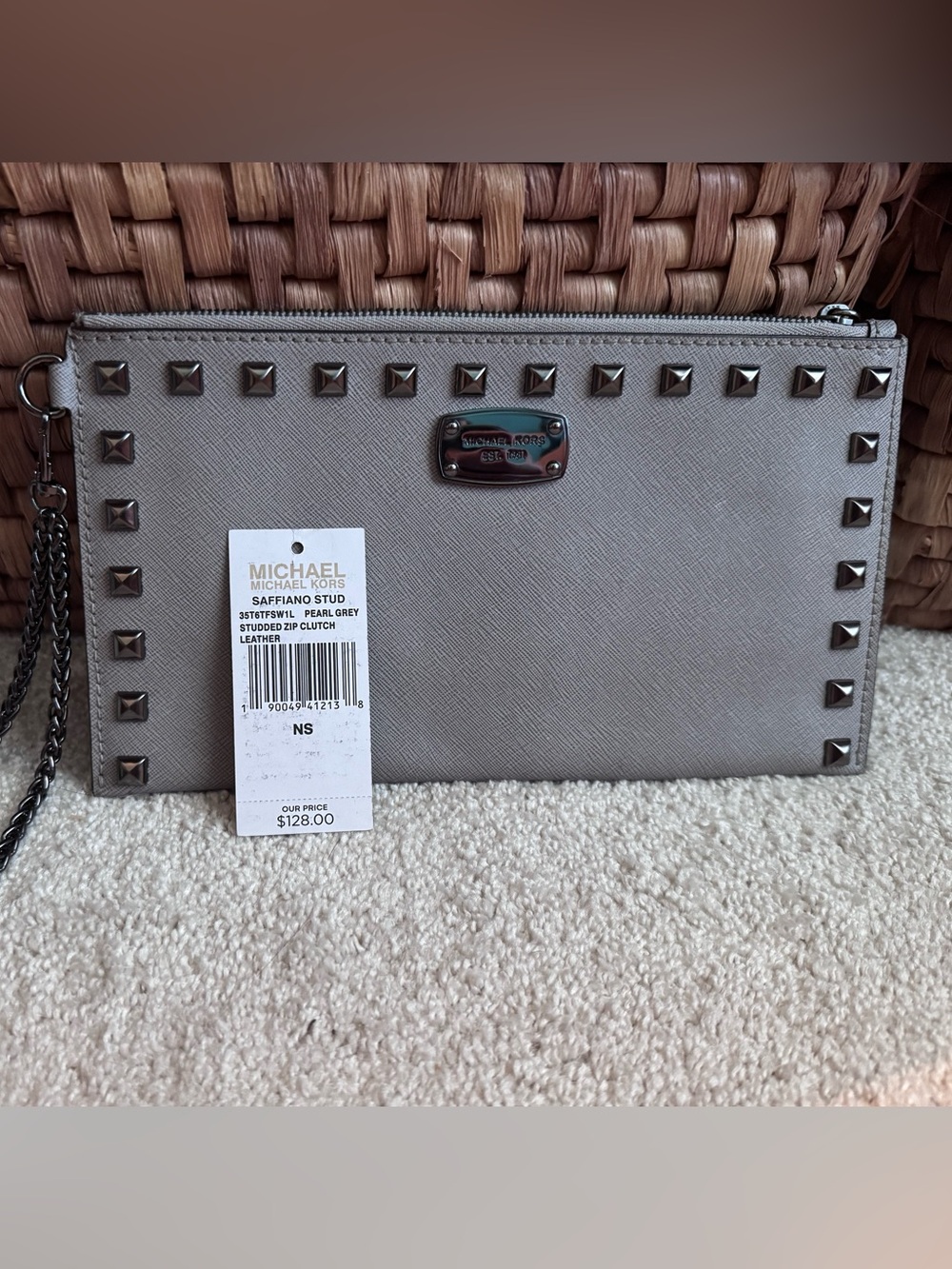 Michael Kors Pearl Grey Studded Saffiano Zip Wristlet